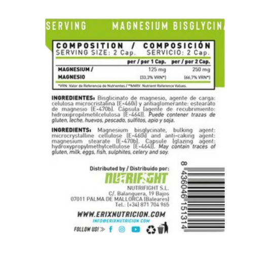 Magnesio Bisglicinato 250mg de Erix Nutrition (90 Cápsulas)