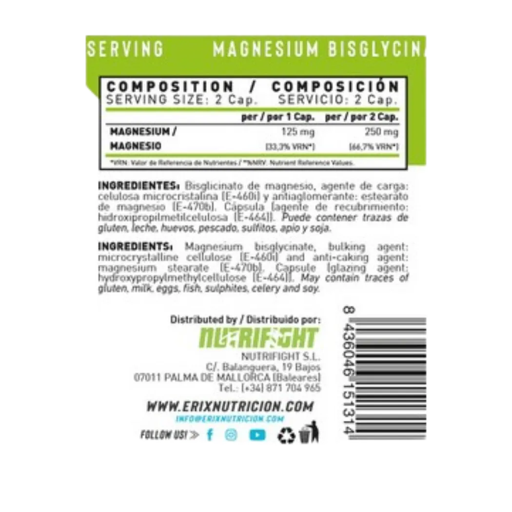 Magnesio Bisglicinato 250mg de Erix Nutrition (90 Cápsulas)