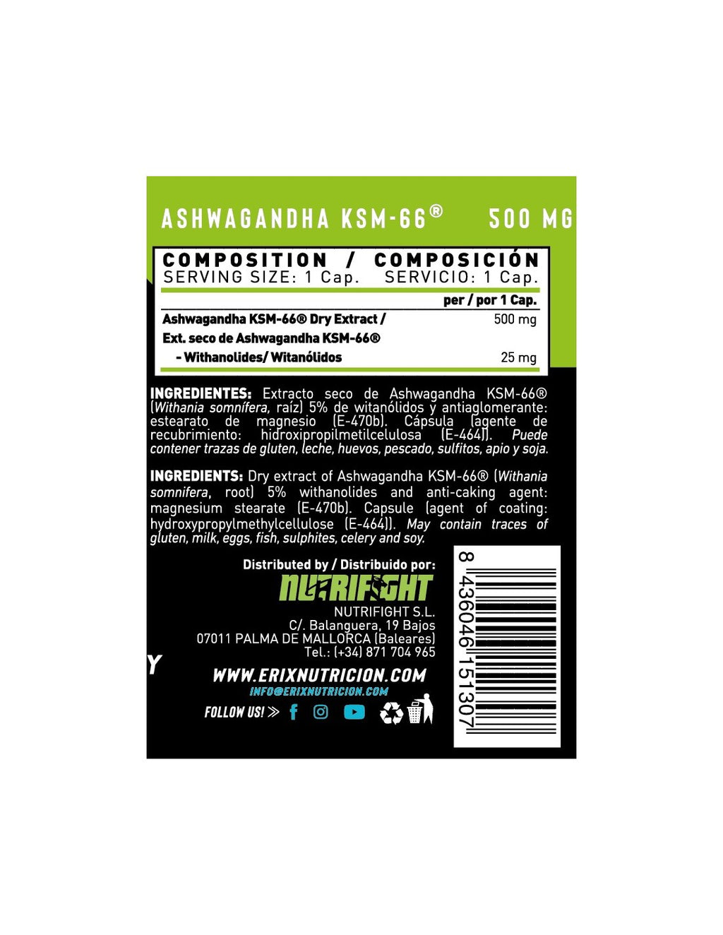 ASHWAGANDHA KSM66® de Erix Nutrition (90 Cápsulas)