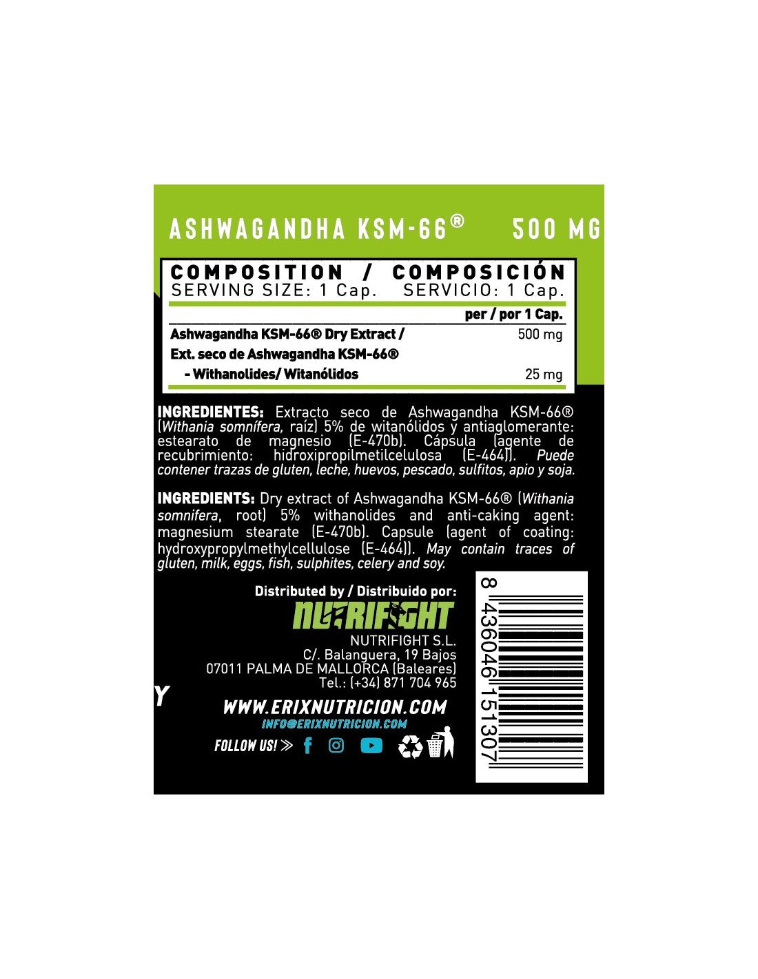 ASHWAGANDHA KSM66® de Erix Nutrition (90 Cápsulas)