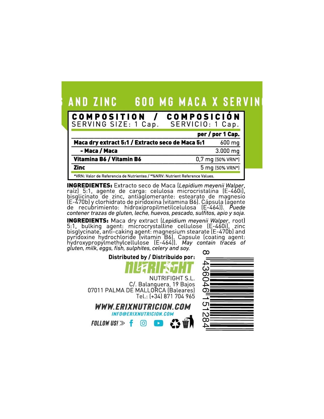 Pure Maca de Erix Nutrition (90 Cápsulas)