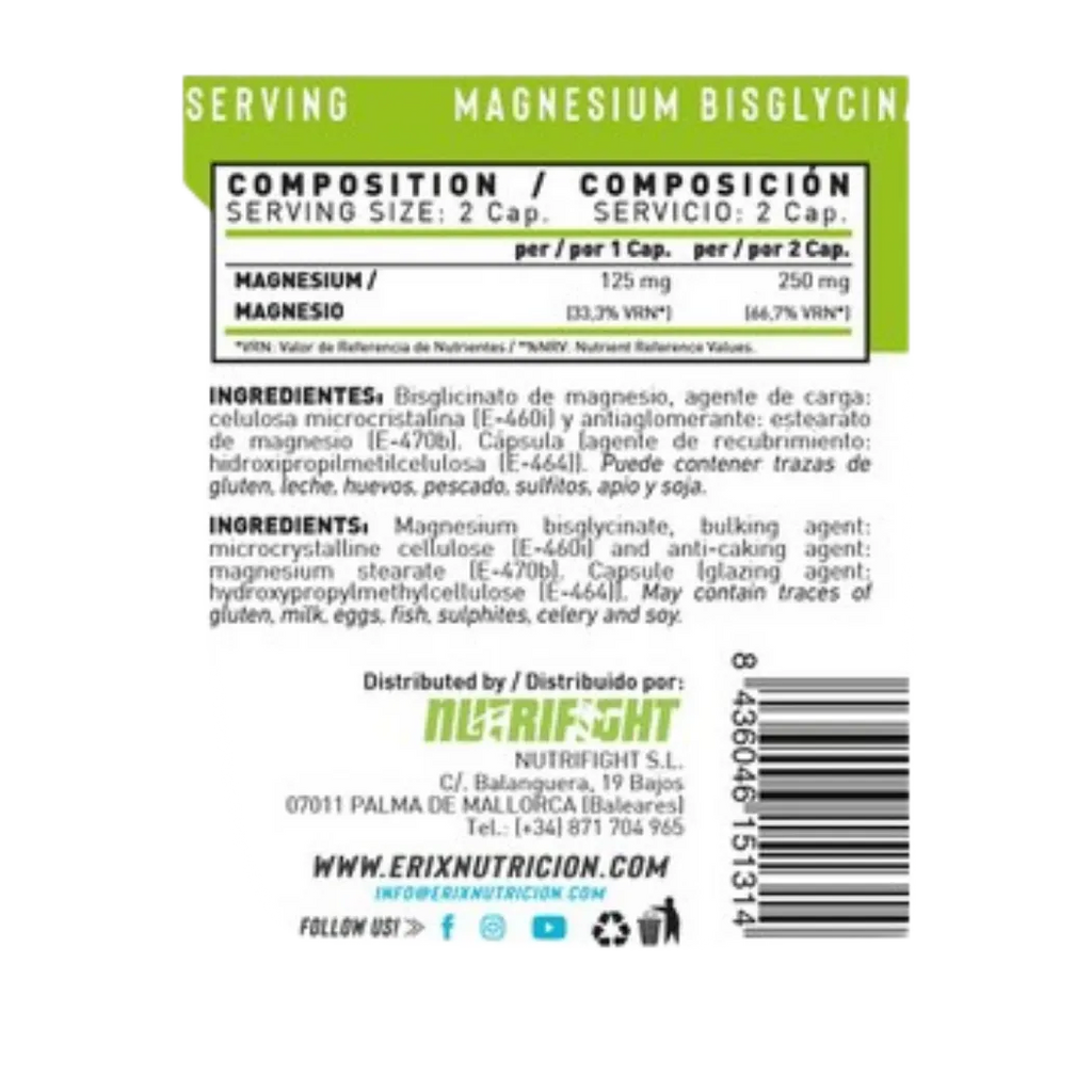 Magnesio Bisciglinato 250mg de Erix Nutrition (90 Cápsulas)