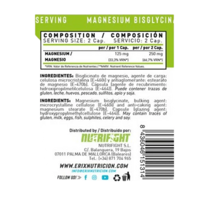 Magnesio Bisglicinato 250mg de Erix Nutrition (90 Cápsulas)