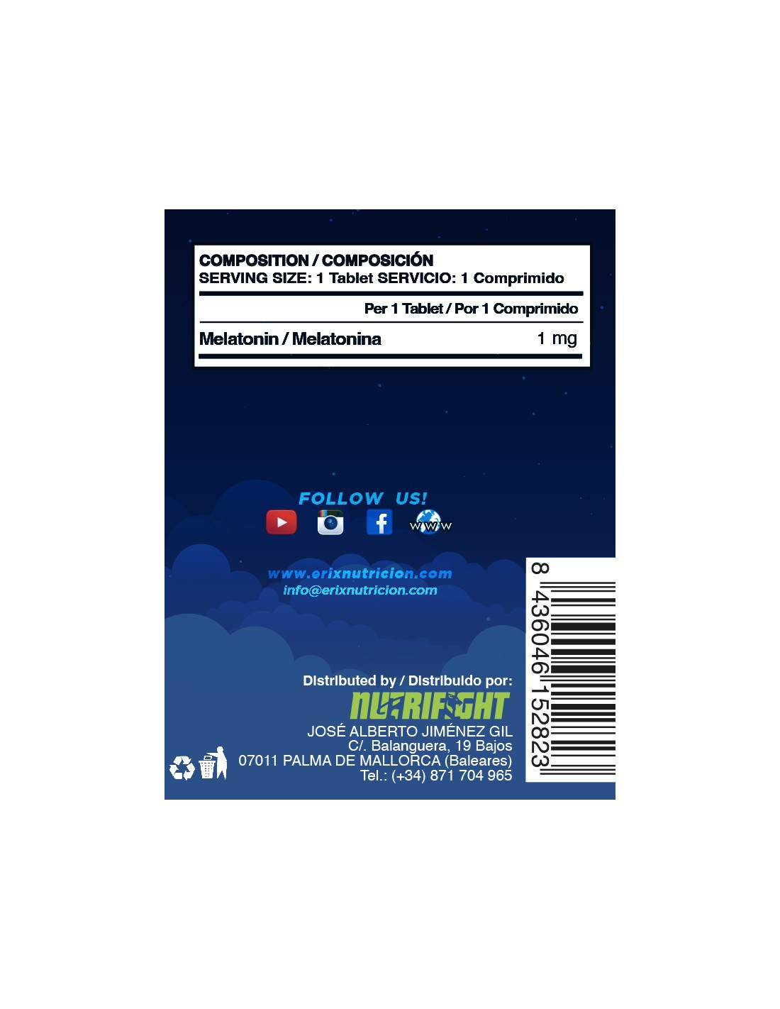 Melatonina 1mg de Erix Nutrition (100 Tabletas)