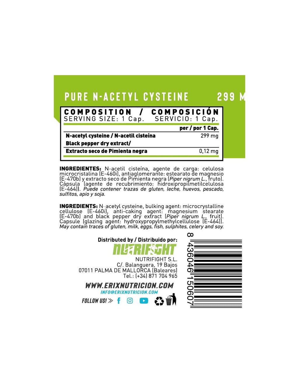 NAC N-Acetil Cisteína de Erix Nutrition (90 Cápsulas)