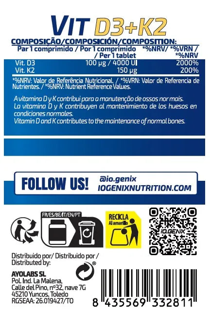 Vitamina D3 + K2 de IOGenix (90 Cápsulas)