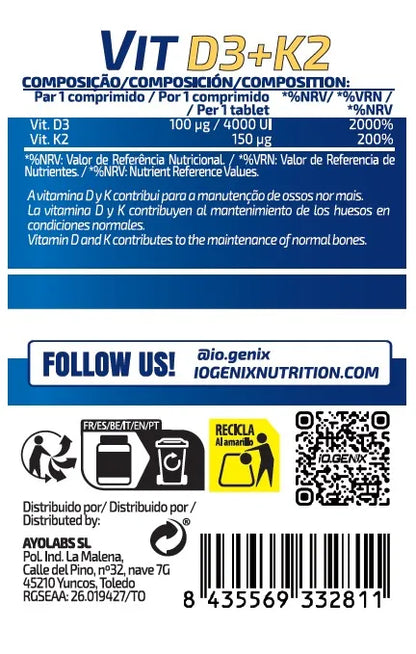 Vitamina D3 + K2 de IOGenix (90 Cápsulas)