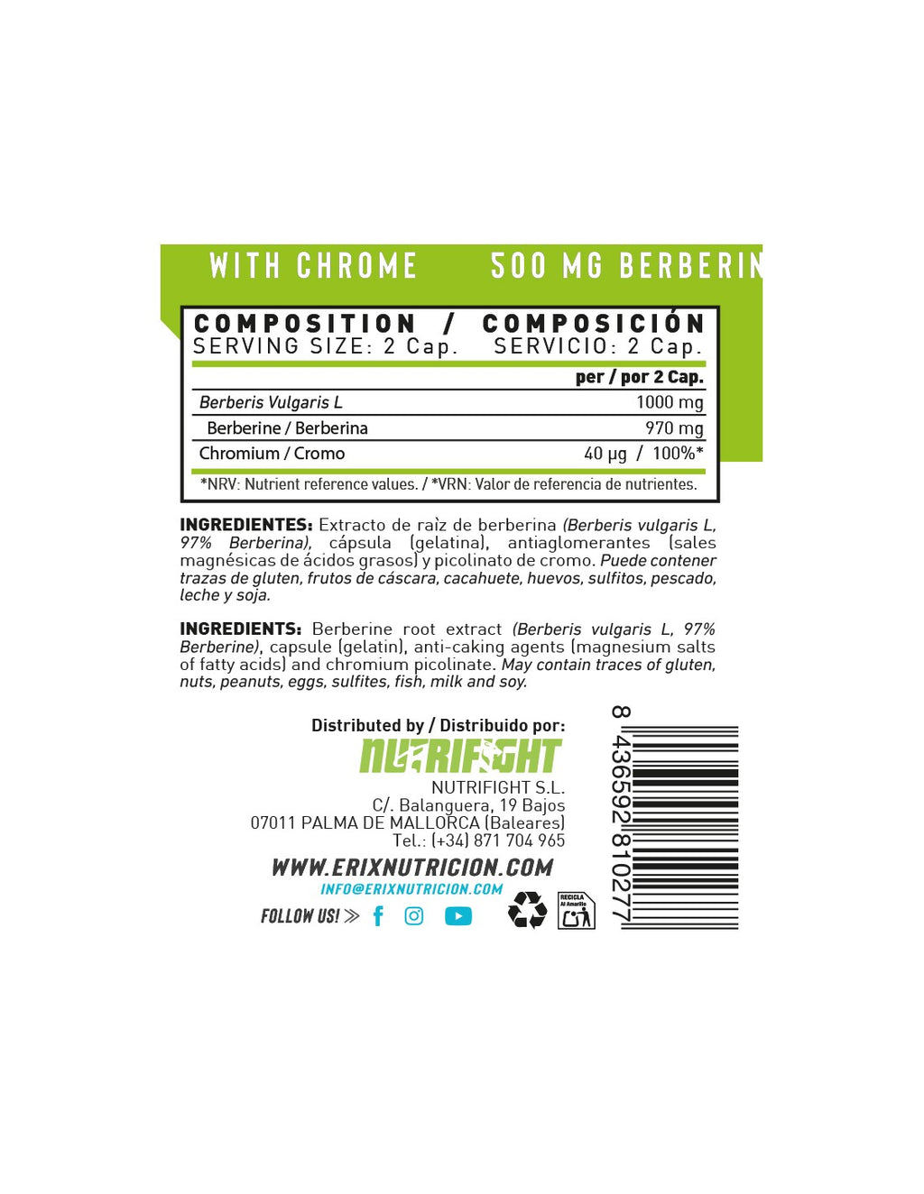 Pure Berberine 500 mg de Erix Nutrition (60 Cápsulas)
