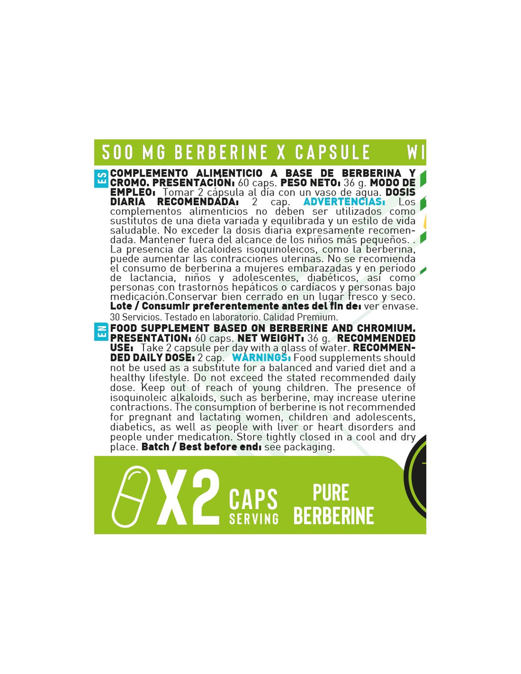 Pure Berberine 500 mg de Erix Nutrition (60 Cápsulas)