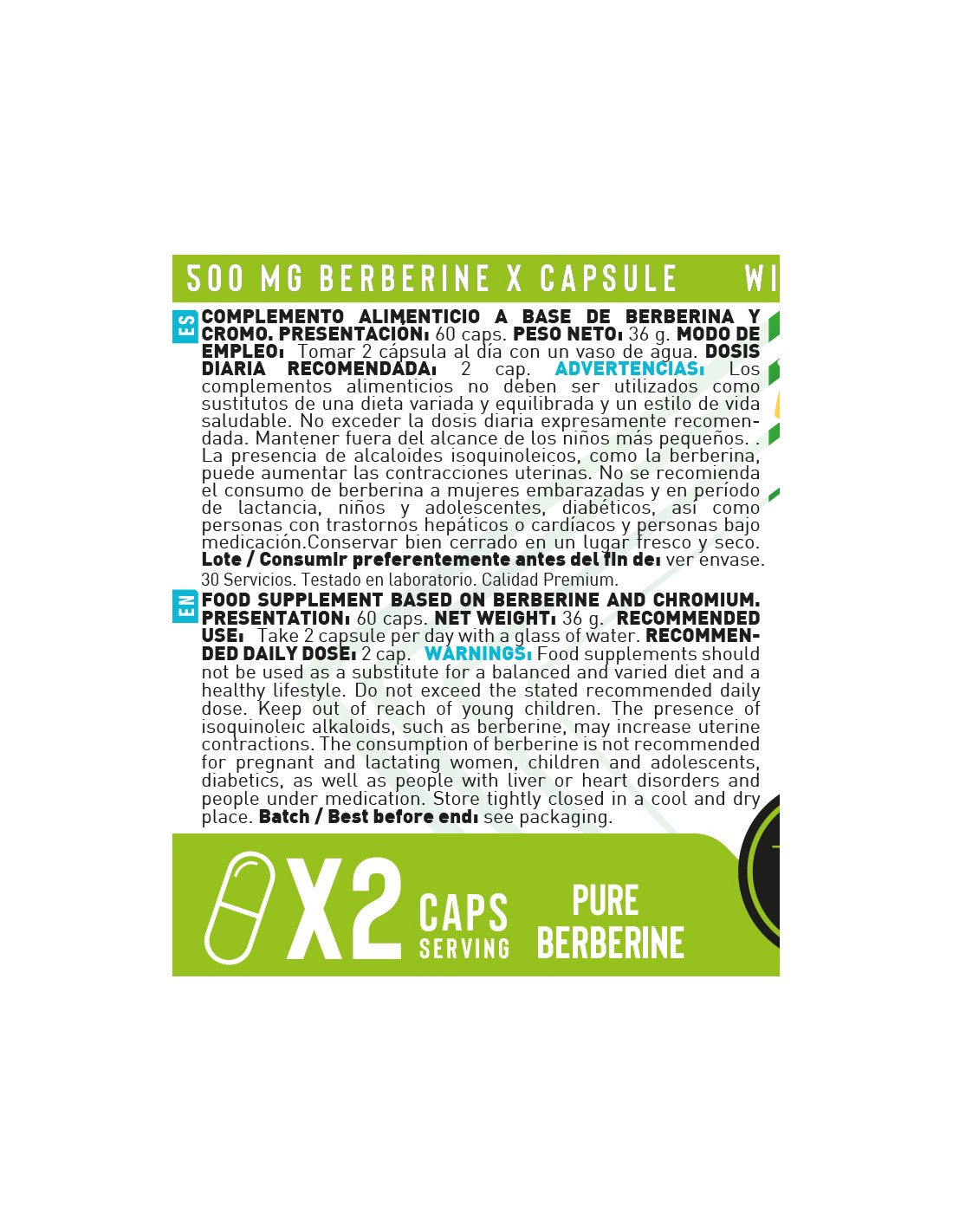 Pure Berberine 500 mg de Erix Nutrition (60 Cápsulas)
